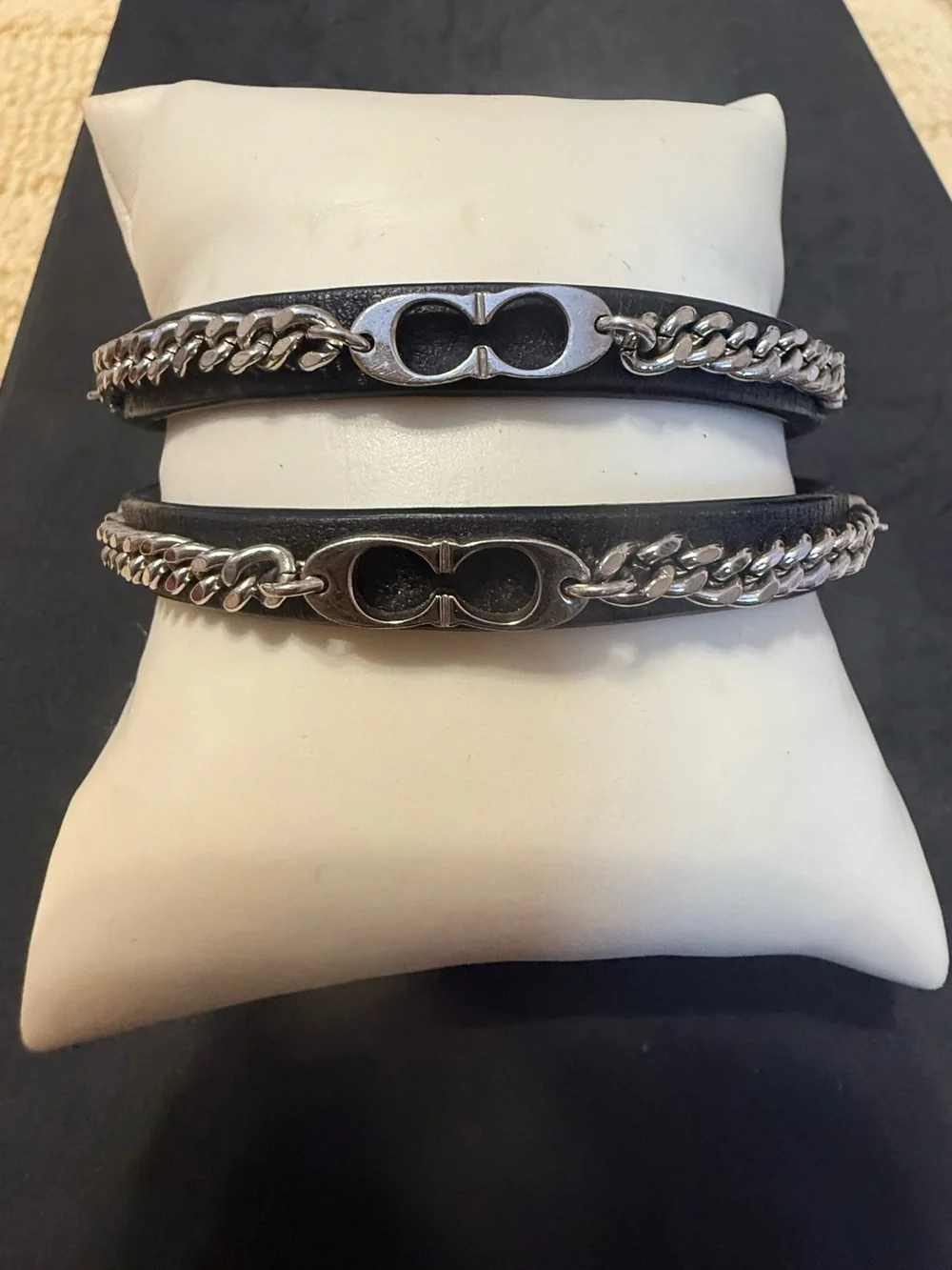 Coach Black Leather Bracelet with Silver Chain Accent